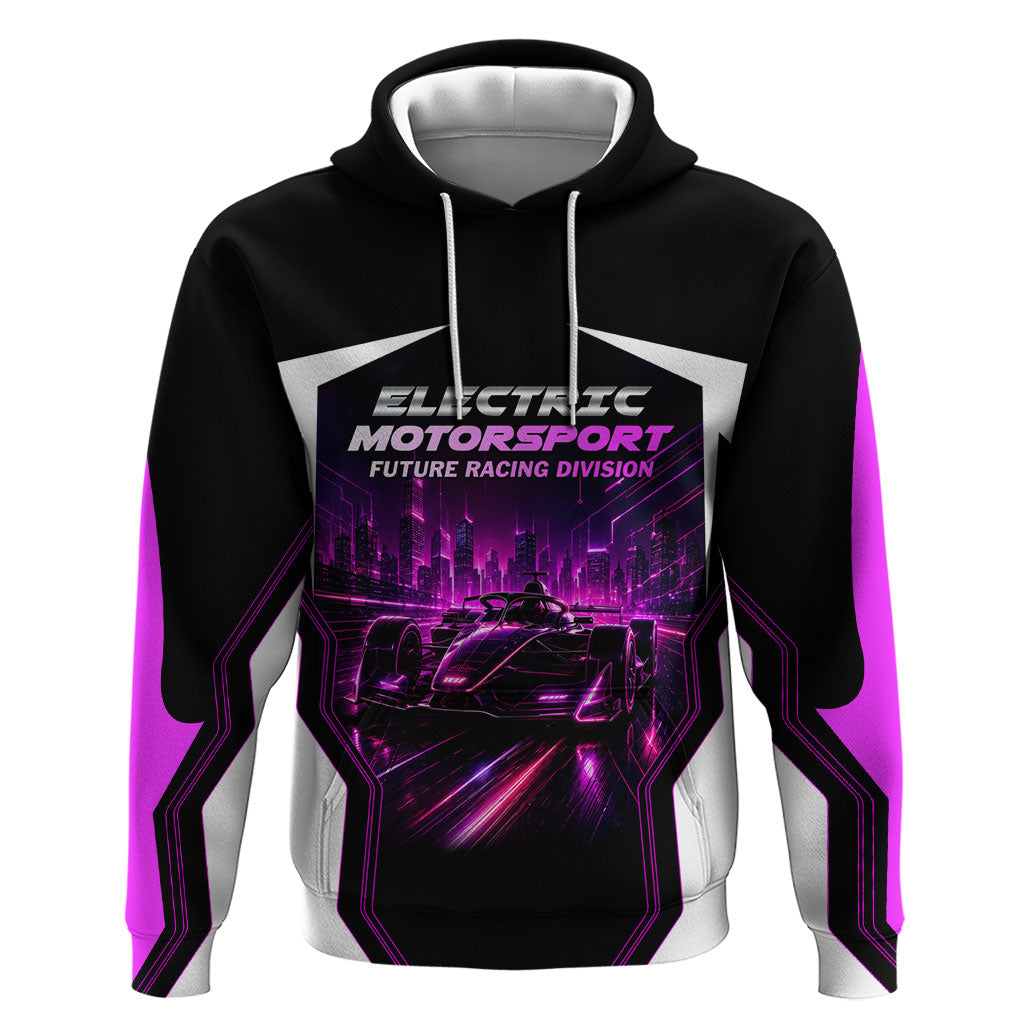 Electric Motorsport Racing Hoodie Futuristic Neon Formula Race Car Skyline Art