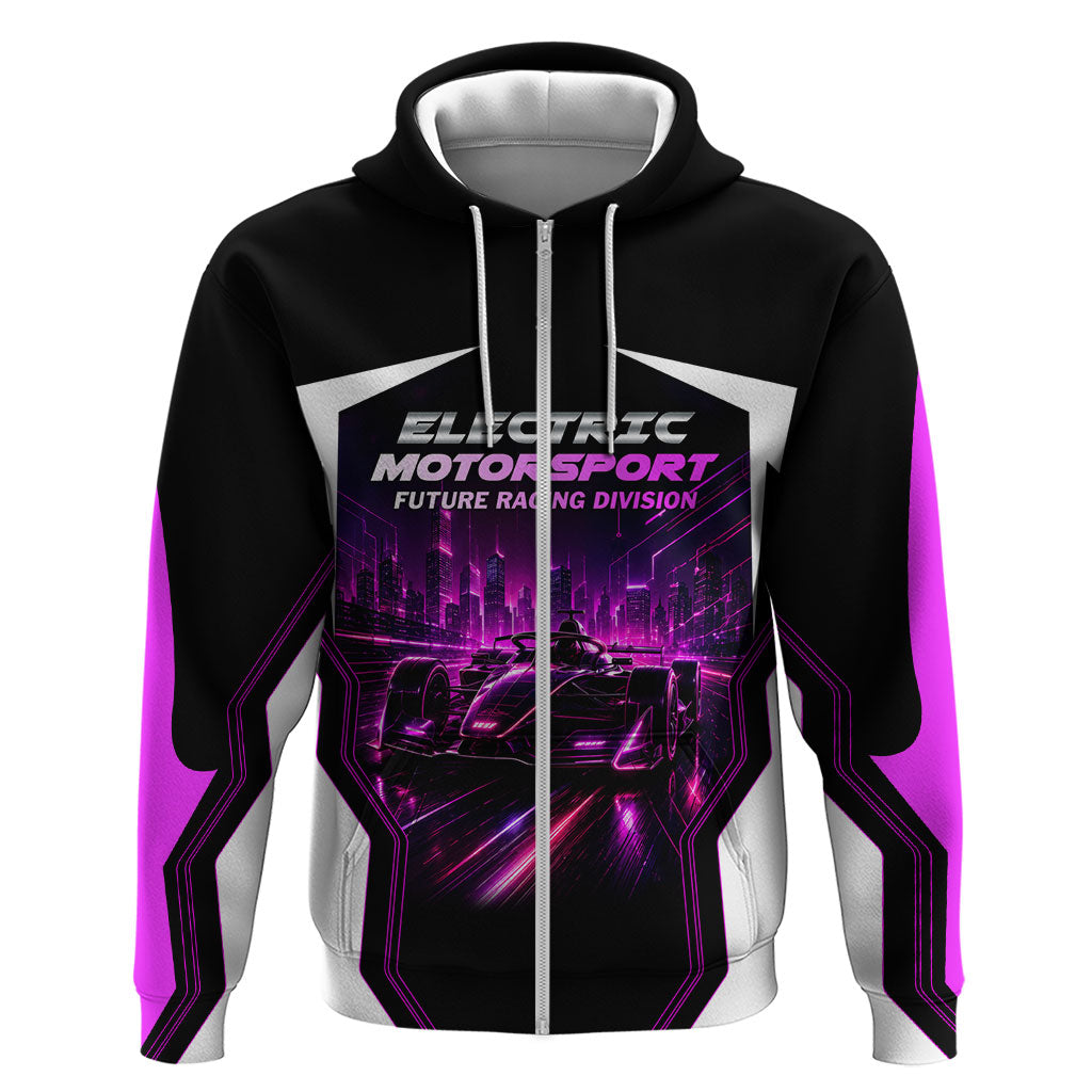 Electric Motorsport Racing Hoodie Futuristic Neon Formula Race Car Skyline Art