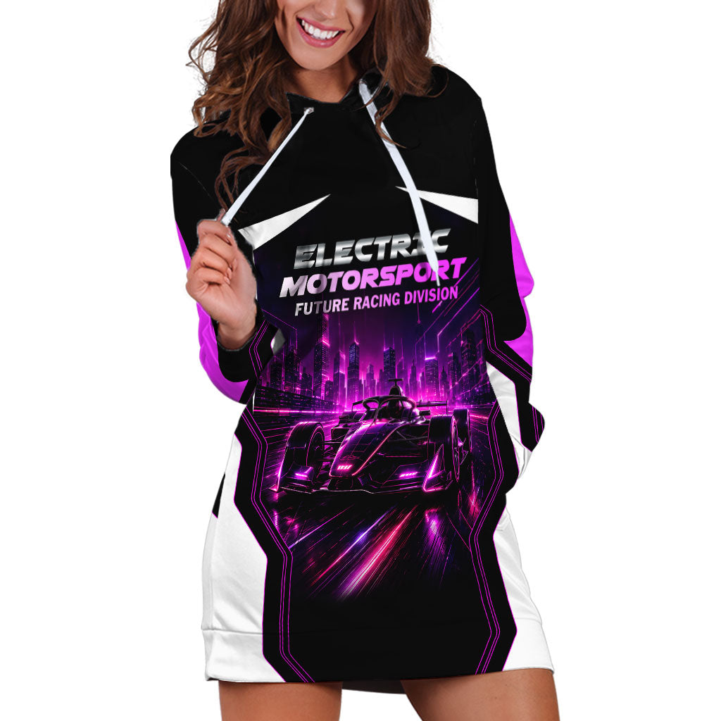 Electric Motorsport Racing Hoodie Dress Futuristic Neon Formula Race Car Skyline Art