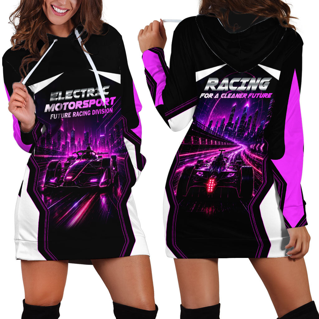 Electric Motorsport Racing Hoodie Dress Futuristic Neon Formula Race Car Skyline Art