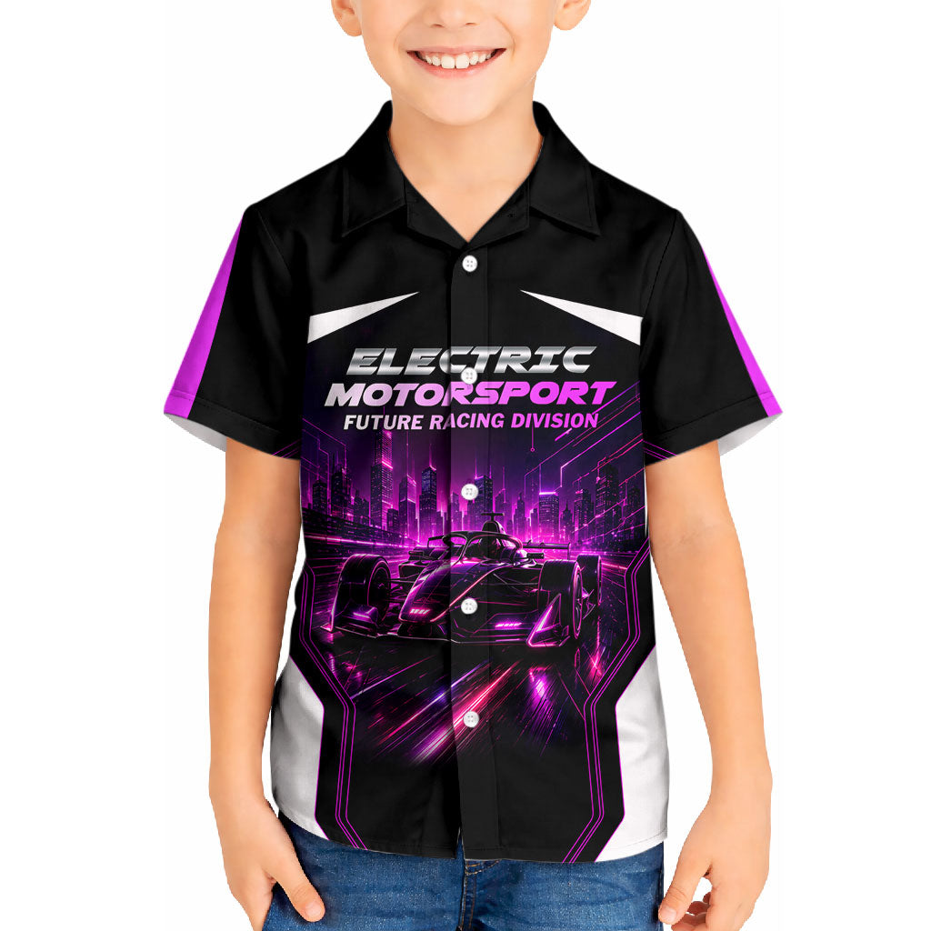 Electric Motorsport Racing Kid Hawaiian Shirt Futuristic Neon Formula Race Car Skyline Art