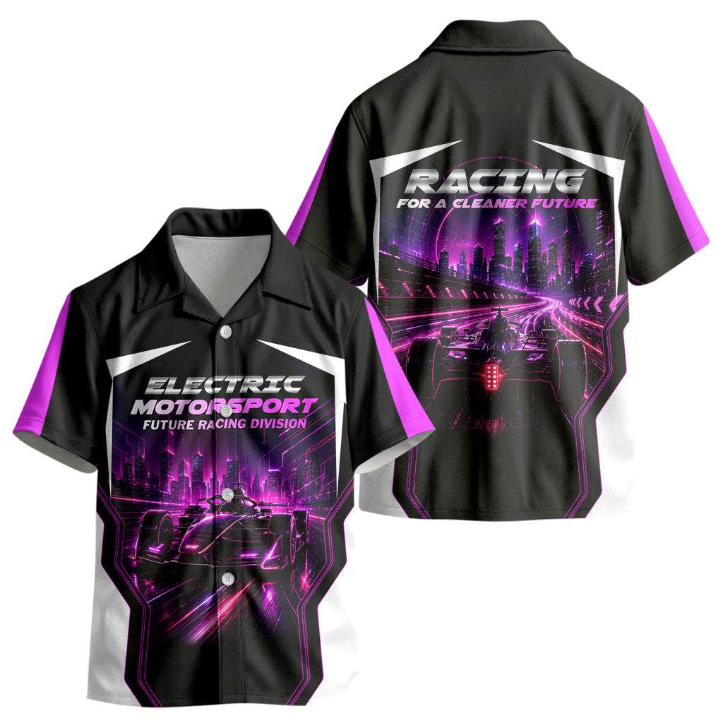 Electric Motorsport Racing Kid Hawaiian Shirt Futuristic Neon Formula Race Car Skyline Art