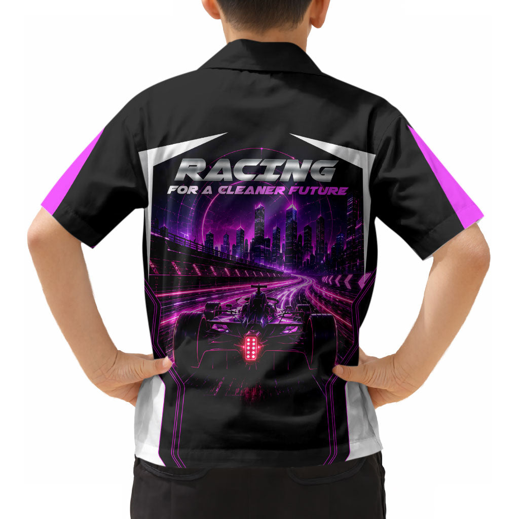 Electric Motorsport Racing Kid Hawaiian Shirt Futuristic Neon Formula Race Car Skyline Art