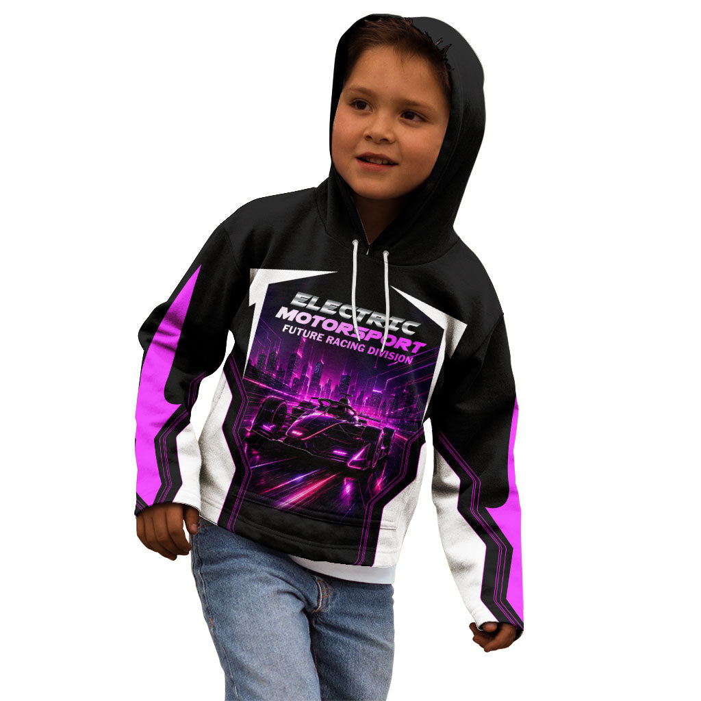 Electric Motorsport Racing Kid Hoodie Futuristic Neon Formula Race Car Skyline Art