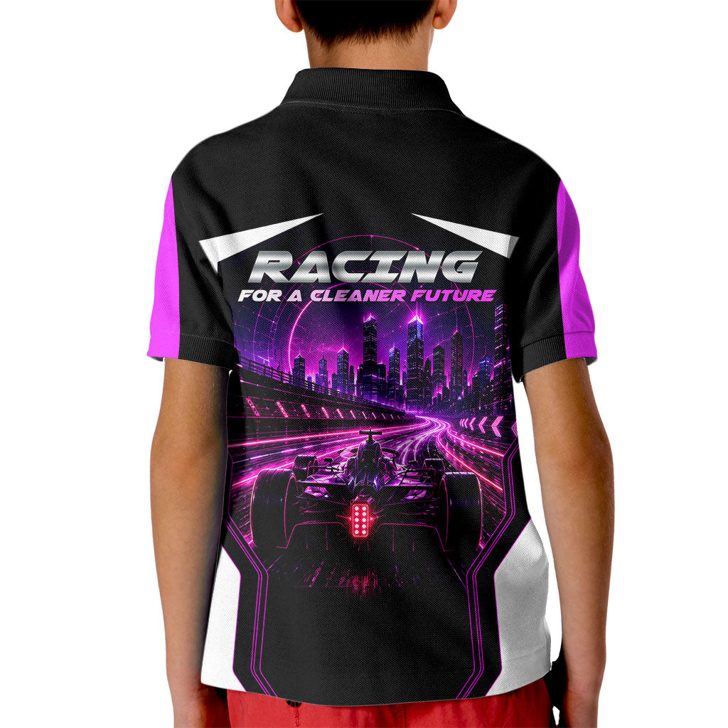Electric Motorsport Racing Kid Polo Shirt Futuristic Neon Formula Race Car Skyline Art
