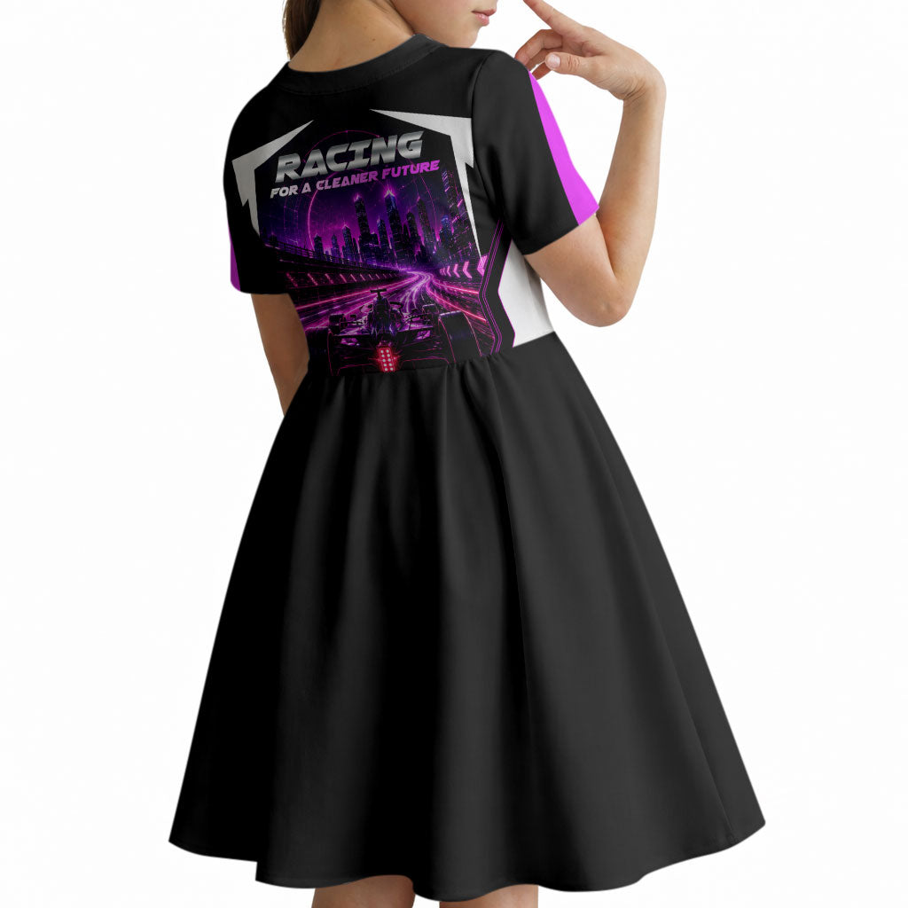 Electric Motorsport Racing Kid Short Sleeve Dress Futuristic Neon Formula Race Car Skyline Art