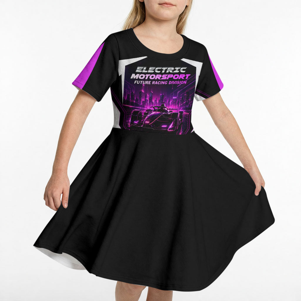 Electric Motorsport Racing Kid Short Sleeve Dress Futuristic Neon Formula Race Car Skyline Art