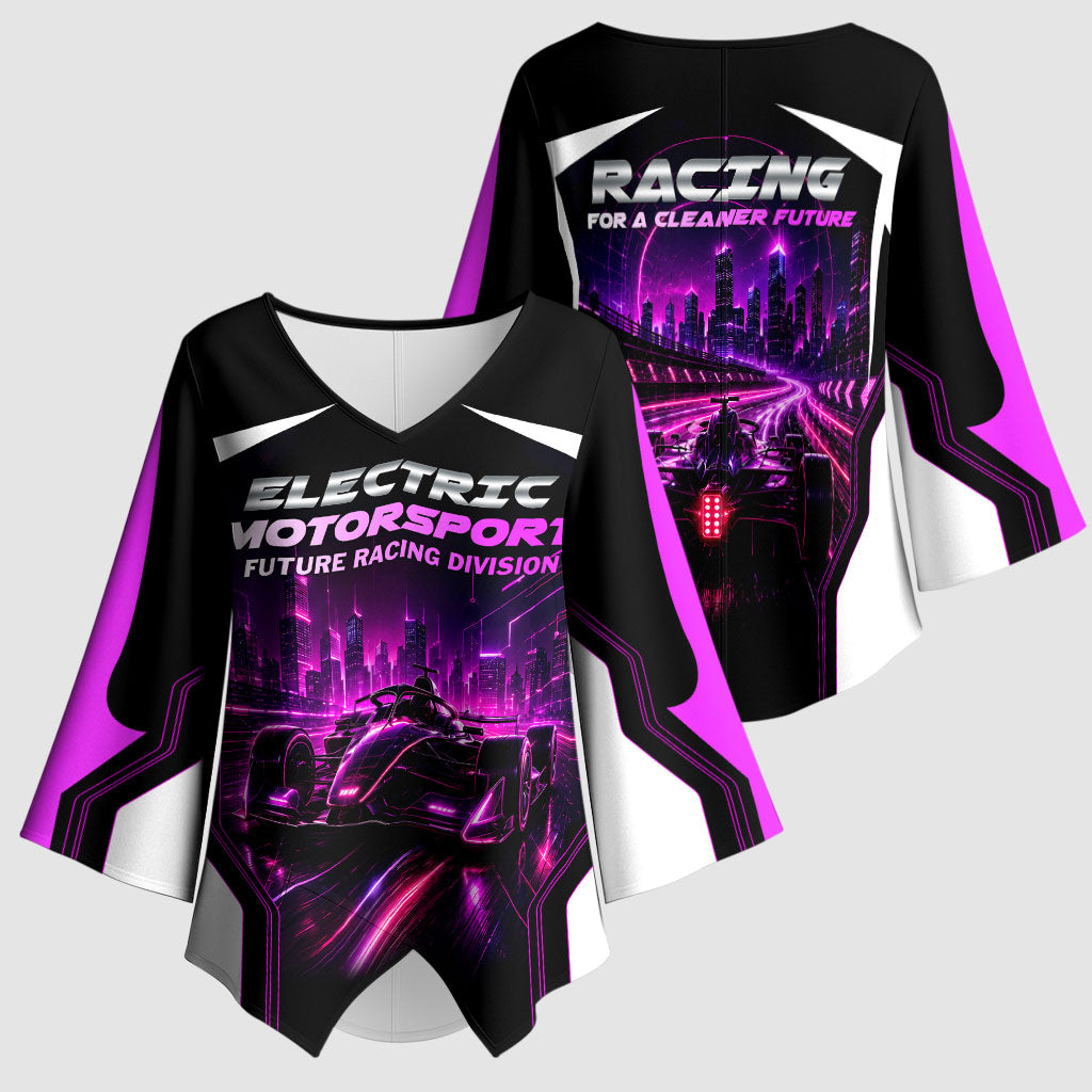 Electric Motorsport Racing Kimono Sleeve Blouse Futuristic Neon Formula Race Car Skyline Art