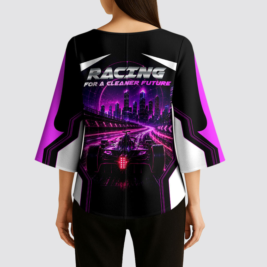 Electric Motorsport Racing Kimono Sleeve Blouse Futuristic Neon Formula Race Car Skyline Art