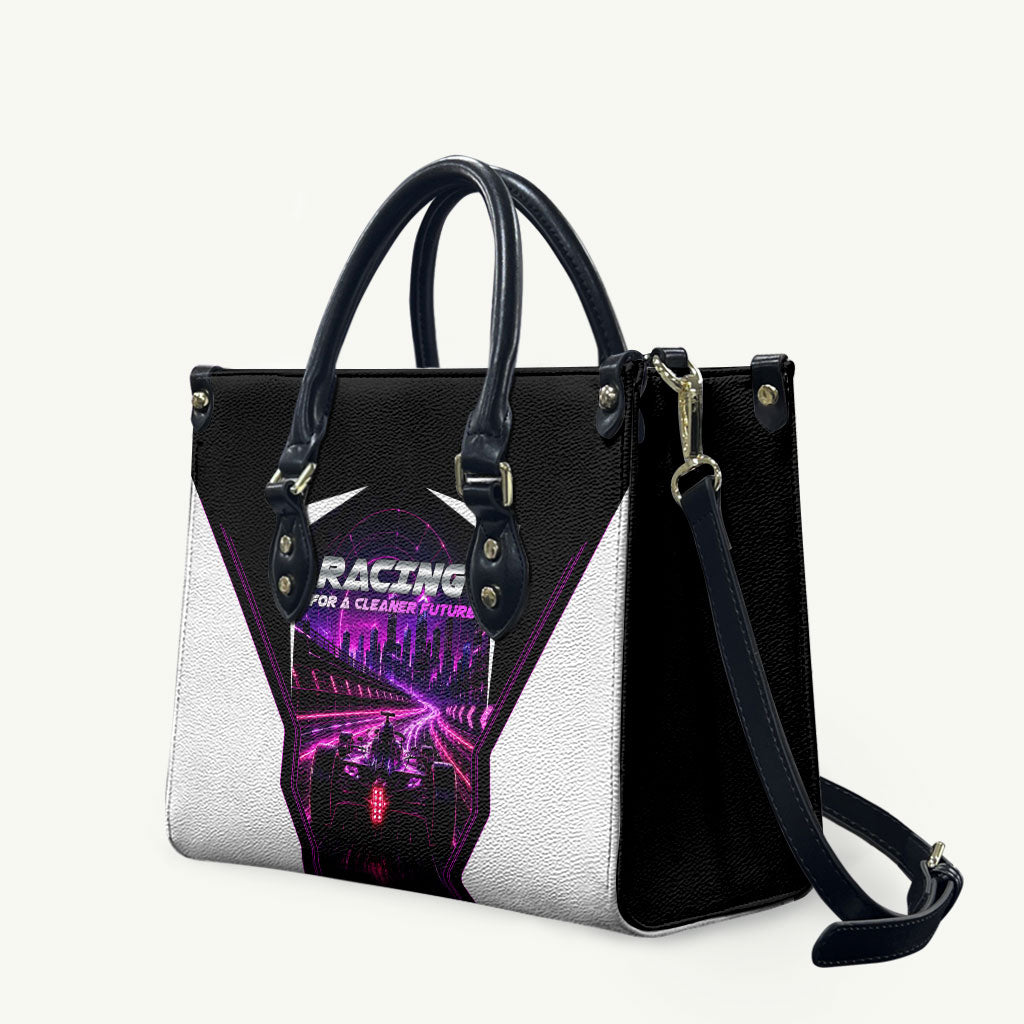 Electric Motorsport Racing Leather Bag Futuristic Neon Formula Race Car Skyline Art