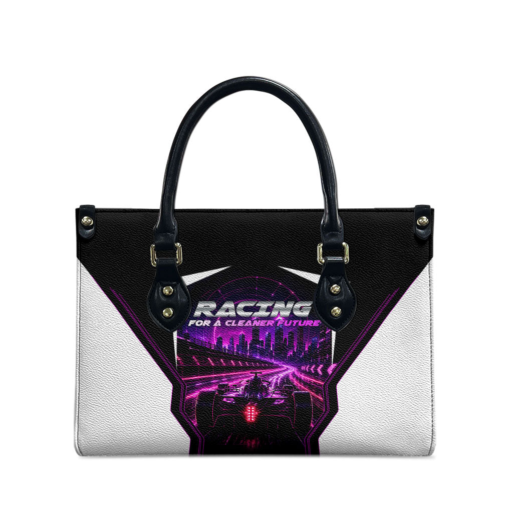 Electric Motorsport Racing Leather Bag Futuristic Neon Formula Race Car Skyline Art