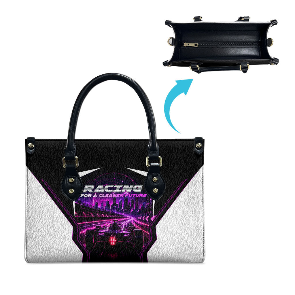 Electric Motorsport Racing Leather Bag Futuristic Neon Formula Race Car Skyline Art