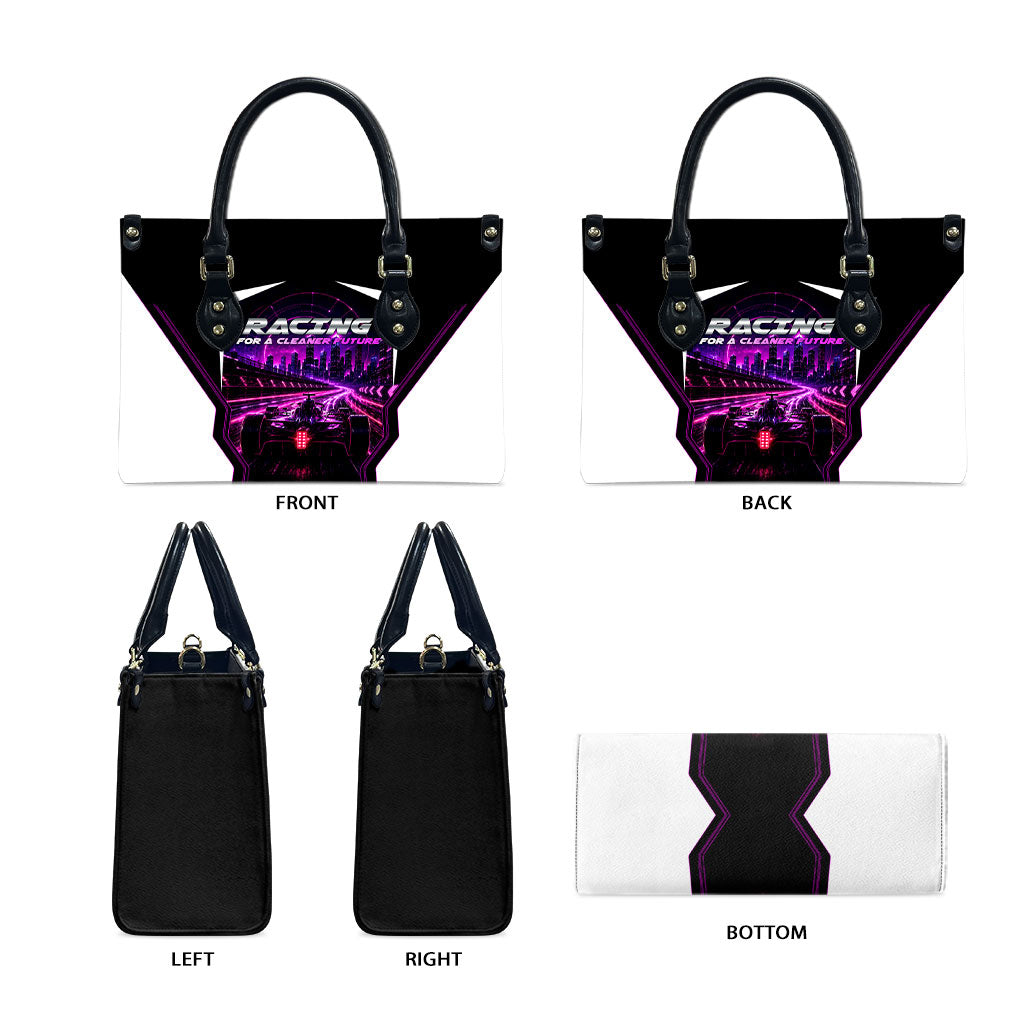 Electric Motorsport Racing Leather Bag Futuristic Neon Formula Race Car Skyline Art