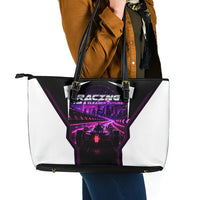 Electric Motorsport Racing Leather Tote Bag Futuristic Neon Formula Race Car Skyline Art