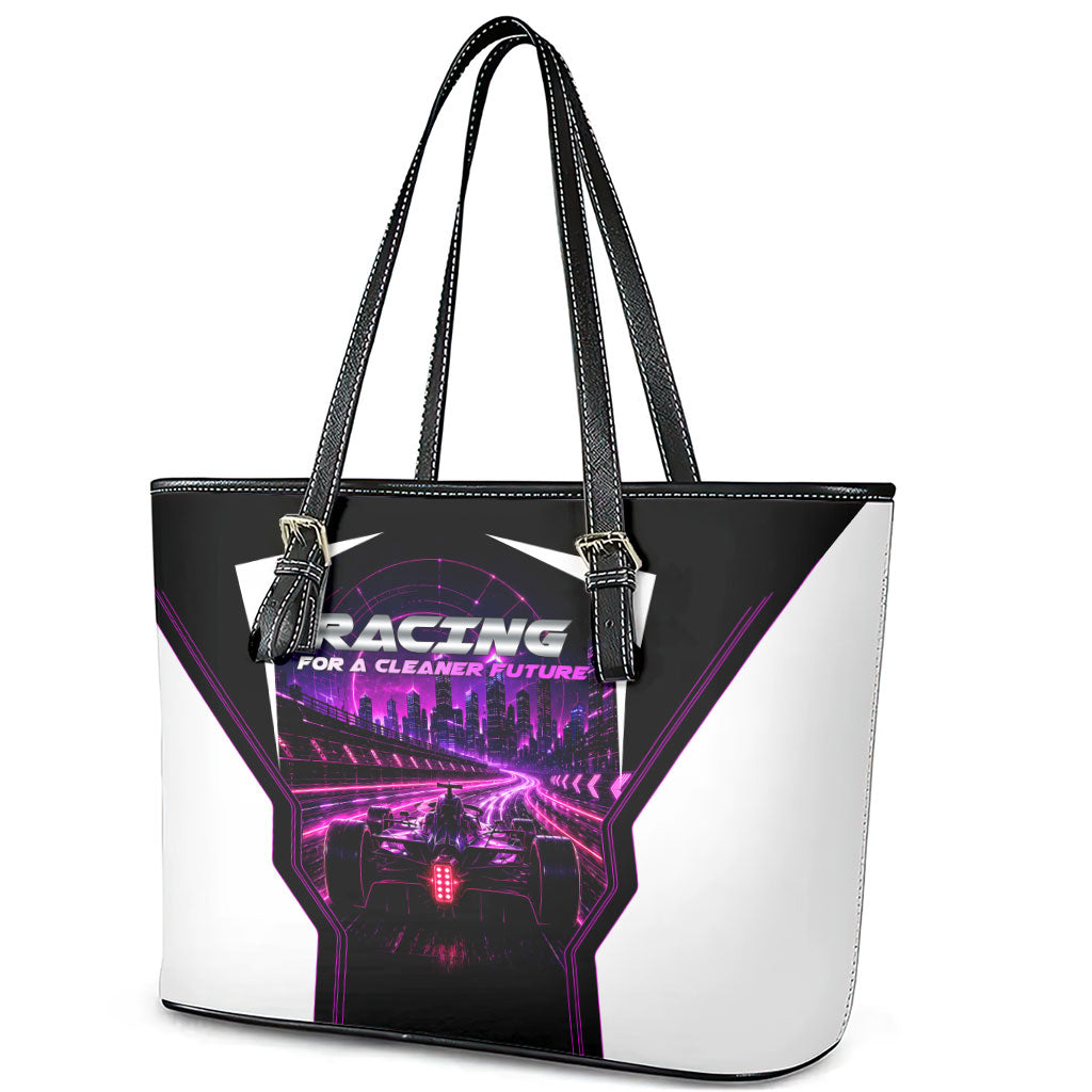 Electric Motorsport Racing Leather Tote Bag Futuristic Neon Formula Race Car Skyline Art