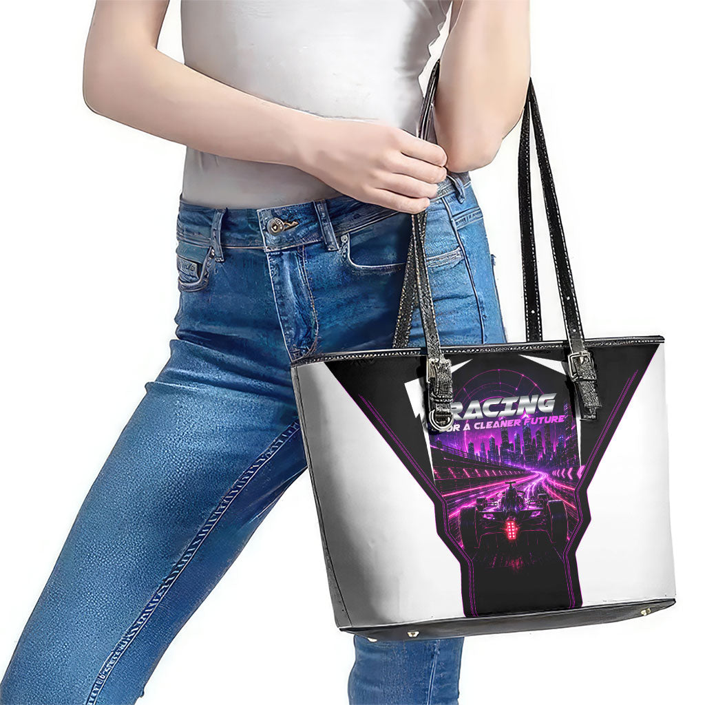 Electric Motorsport Racing Leather Tote Bag Futuristic Neon Formula Race Car Skyline Art