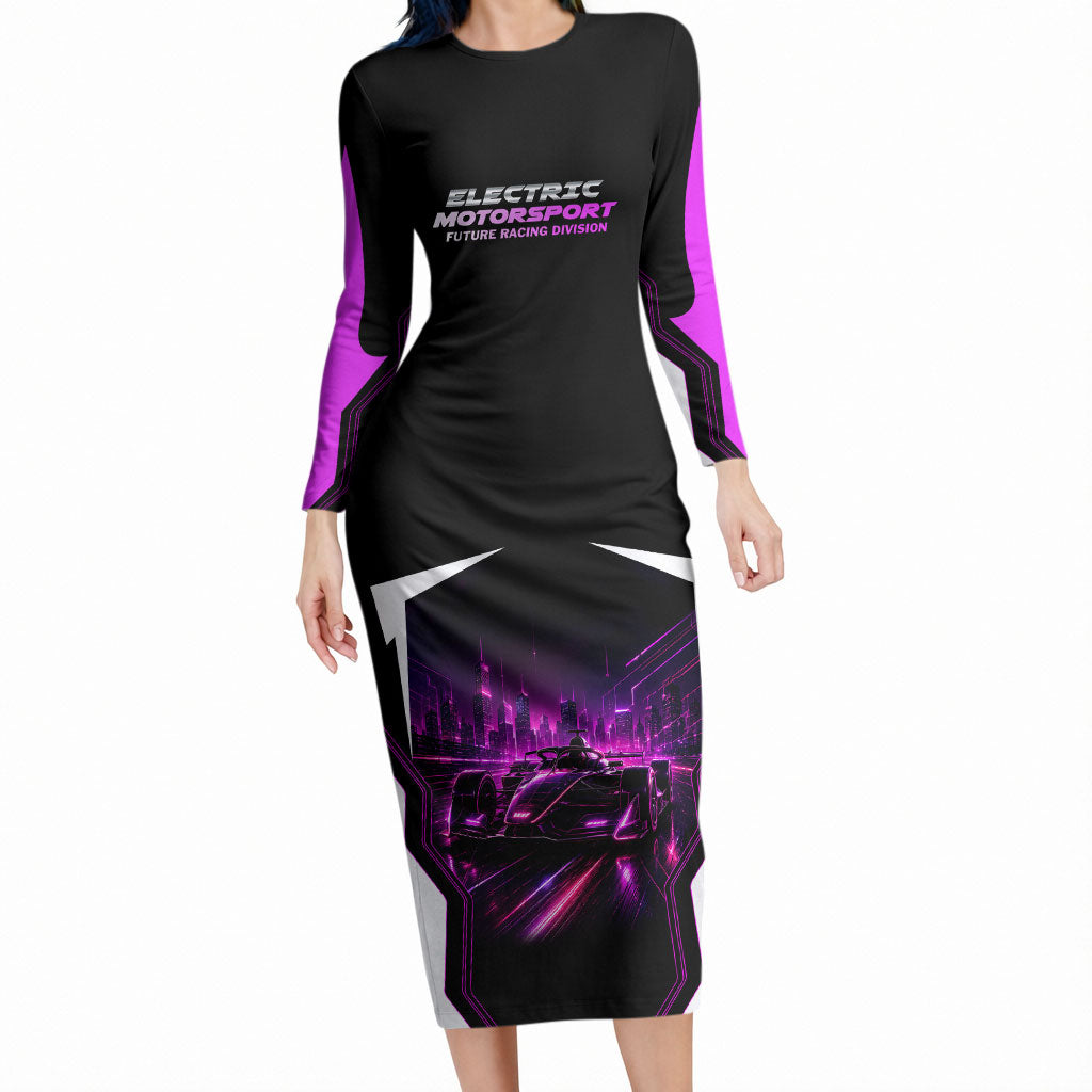Electric Motorsport Racing Long Sleeve Bodycon Dress Futuristic Neon Formula Race Car Skyline Art