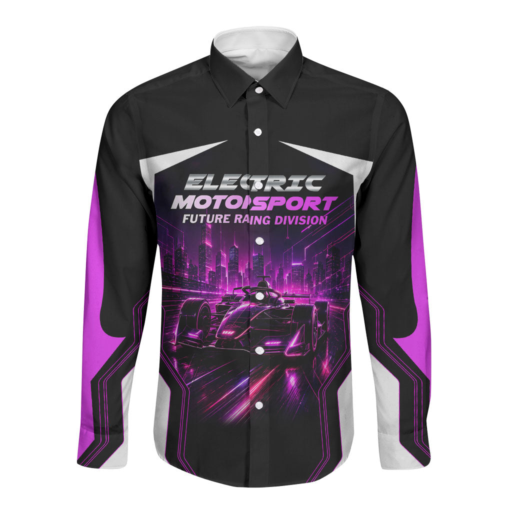 Electric Motorsport Racing Long Sleeve Button Shirt Futuristic Neon Formula Race Car Skyline Art