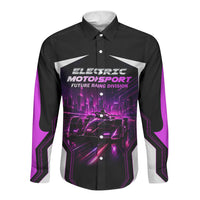 Electric Motorsport Racing Long Sleeve Button Shirt Futuristic Neon Formula Race Car Skyline Art