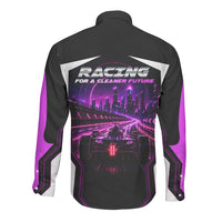 Electric Motorsport Racing Long Sleeve Button Shirt Futuristic Neon Formula Race Car Skyline Art