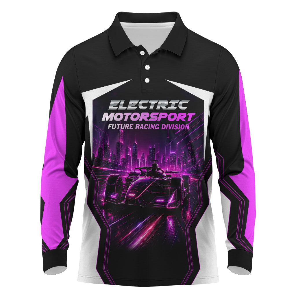Electric Motorsport Racing Long Sleeve Polo Shirt Futuristic Neon Formula Race Car Skyline Art