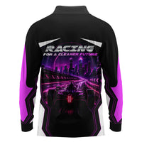 Electric Motorsport Racing Long Sleeve Polo Shirt Futuristic Neon Formula Race Car Skyline Art