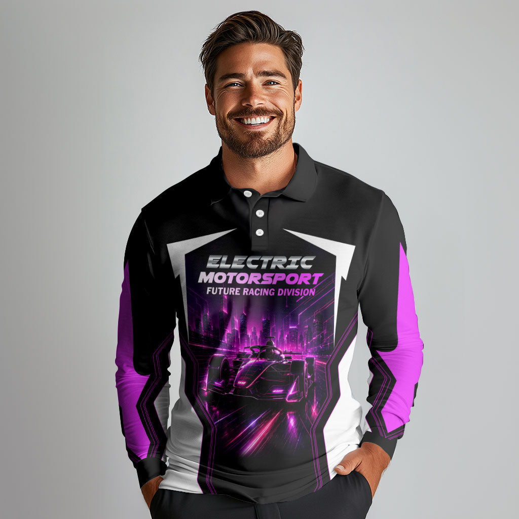 Electric Motorsport Racing Long Sleeve Polo Shirt Futuristic Neon Formula Race Car Skyline Art