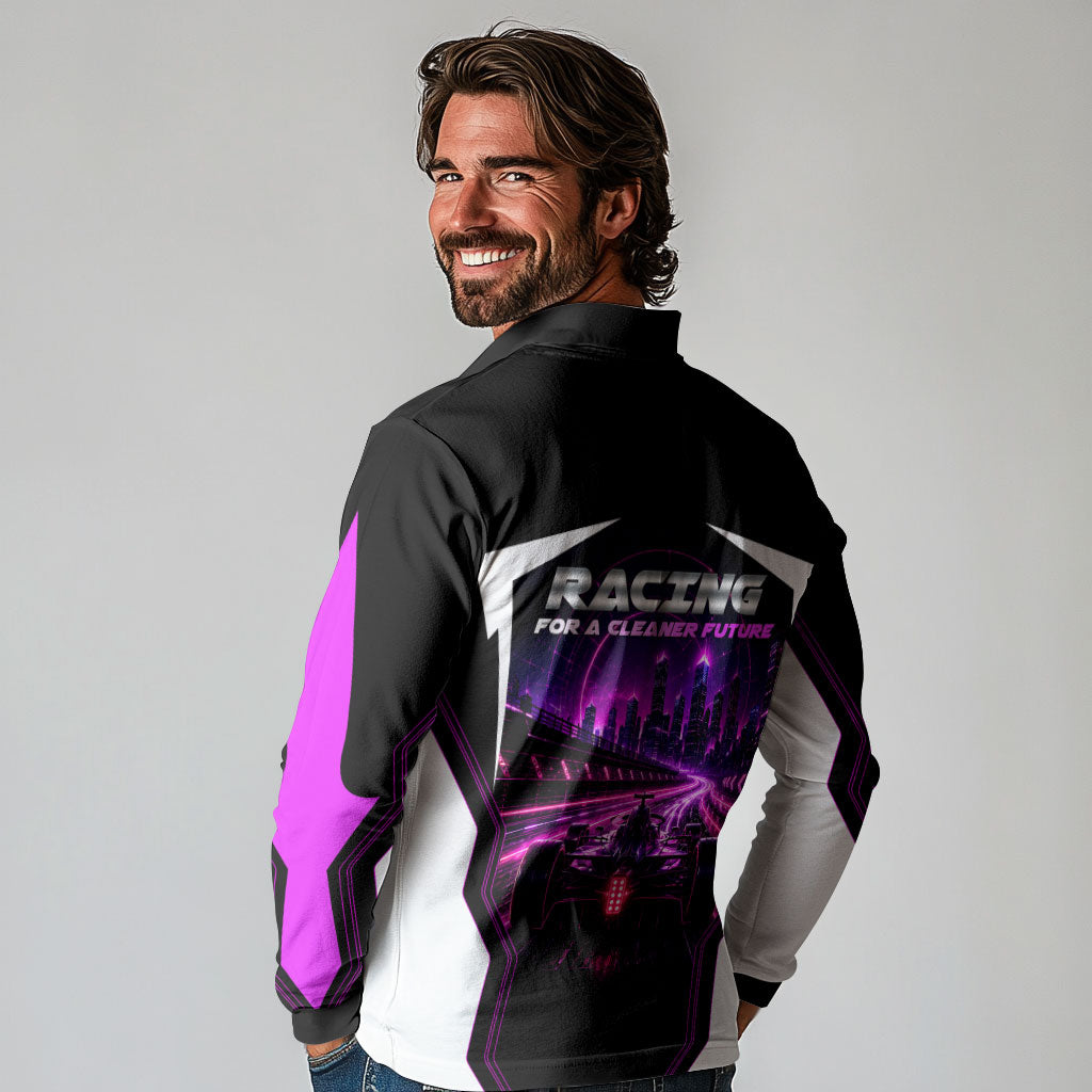 Electric Motorsport Racing Long Sleeve Polo Shirt Futuristic Neon Formula Race Car Skyline Art