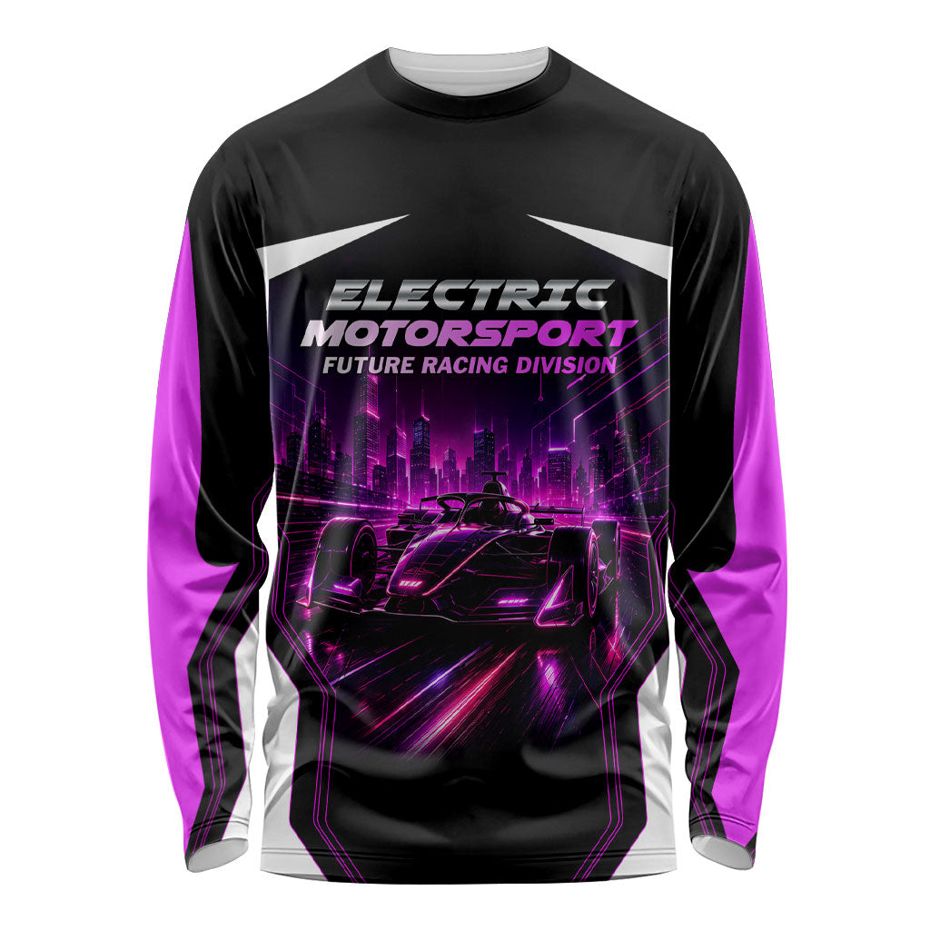 Electric Motorsport Racing Long Sleeve Shirt Futuristic Neon Formula Race Car Skyline Art