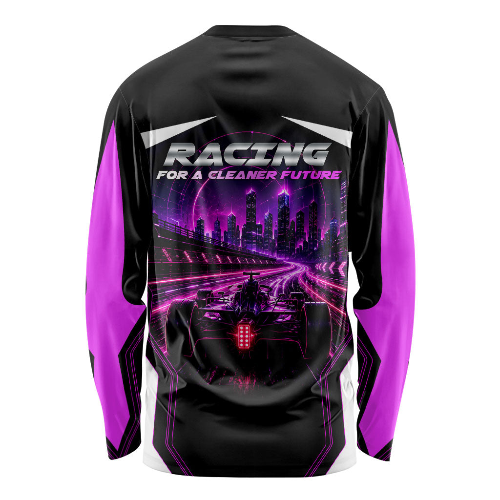Electric Motorsport Racing Long Sleeve Shirt Futuristic Neon Formula Race Car Skyline Art
