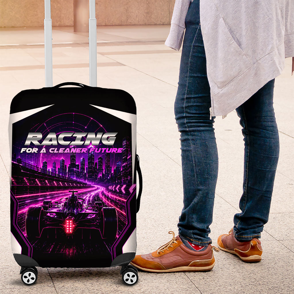 Electric Motorsport Racing Luggage Cover Futuristic Neon Formula Race Car Skyline Art