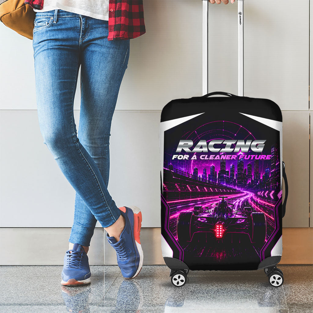 Electric Motorsport Racing Luggage Cover Futuristic Neon Formula Race Car Skyline Art