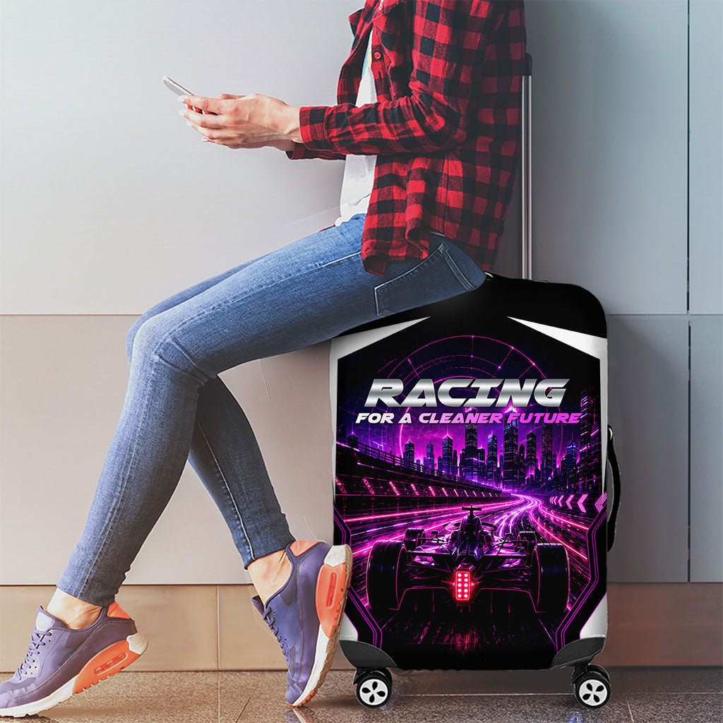 Electric Motorsport Racing Luggage Cover Futuristic Neon Formula Race Car Skyline Art