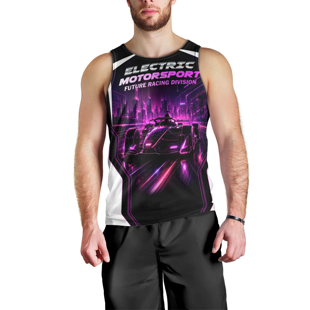 Electric Motorsport Racing Men Tank Top Futuristic Neon Formula Race Car Skyline Art
