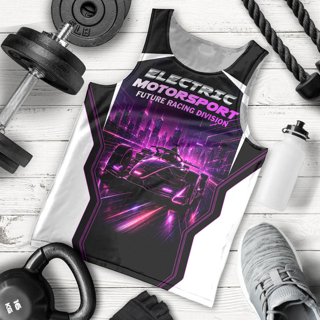 Electric Motorsport Racing Men Tank Top Futuristic Neon Formula Race Car Skyline Art