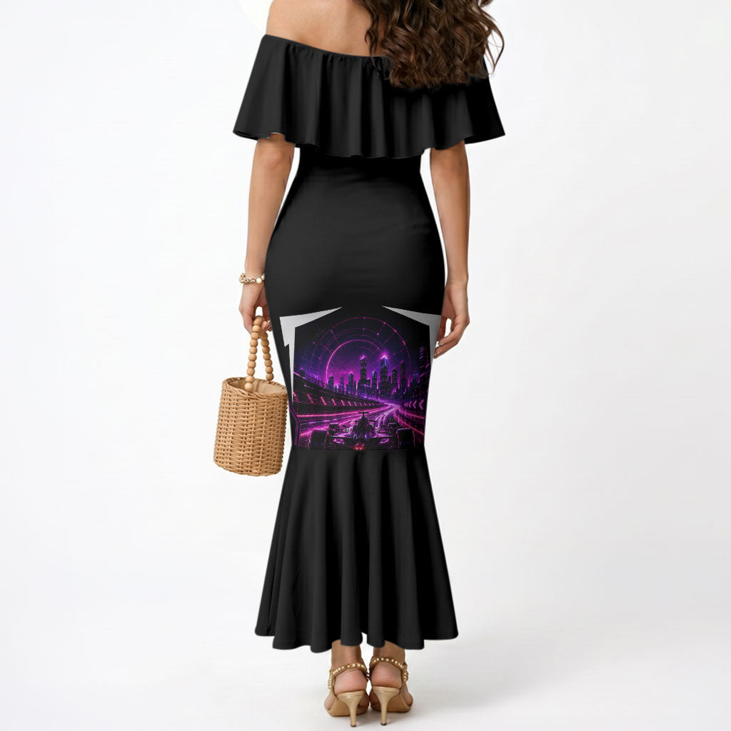 Electric Motorsport Racing Mermaid Dress Futuristic Neon Formula Race Car Skyline Art