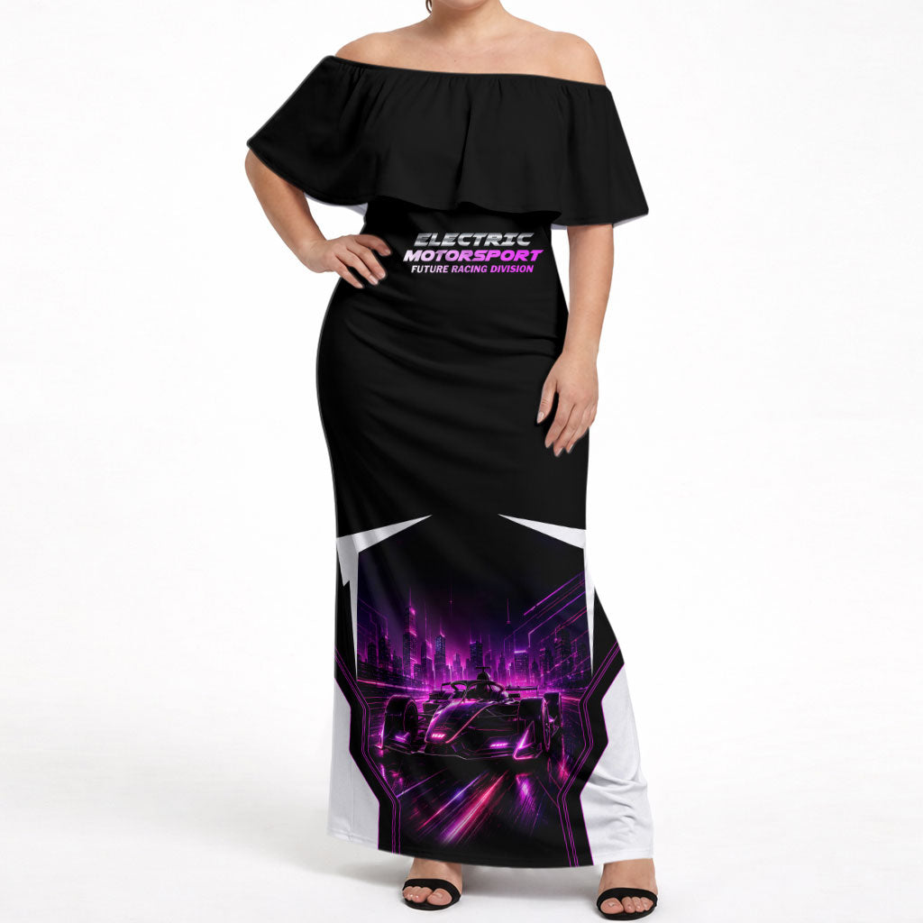 Electric Motorsport Racing Off Shoulder Maxi Dress Futuristic Neon Formula Race Car Skyline Art