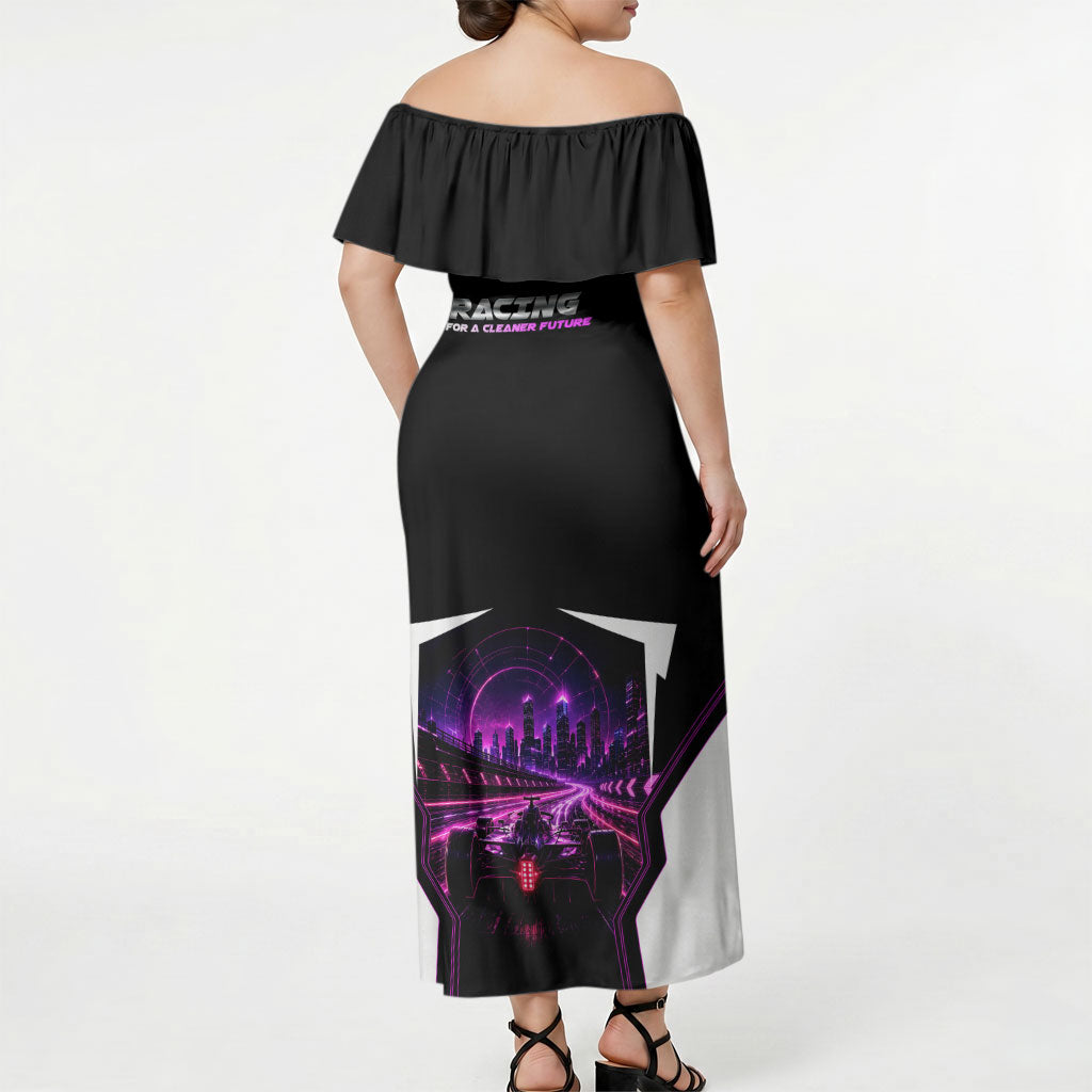 Electric Motorsport Racing Off Shoulder Maxi Dress Futuristic Neon Formula Race Car Skyline Art