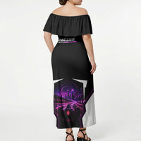 Electric Motorsport Racing Off Shoulder Maxi Dress Futuristic Neon Formula Race Car Skyline Art