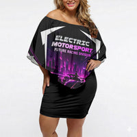 Electric Motorsport Racing Off Shoulder Short Dress Futuristic Neon Formula Race Car Skyline Art