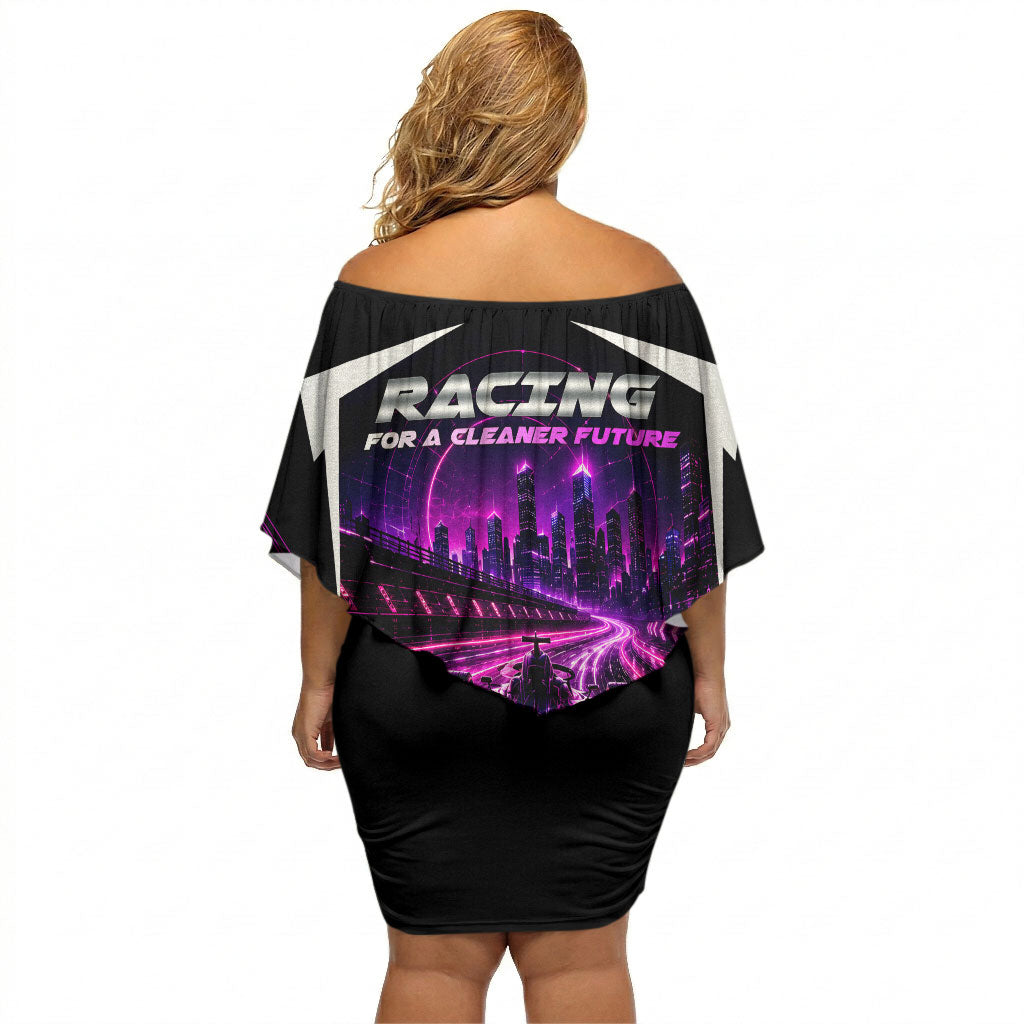 Electric Motorsport Racing Off Shoulder Short Dress Futuristic Neon Formula Race Car Skyline Art