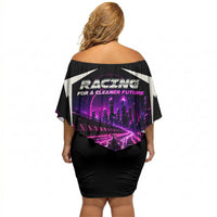 Electric Motorsport Racing Off Shoulder Short Dress Futuristic Neon Formula Race Car Skyline Art
