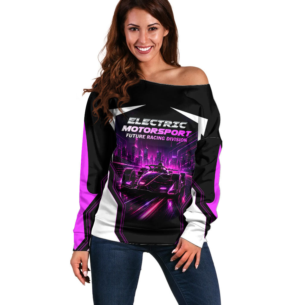 Electric Motorsport Racing Off Shoulder Sweater Futuristic Neon Formula Race Car Skyline Art