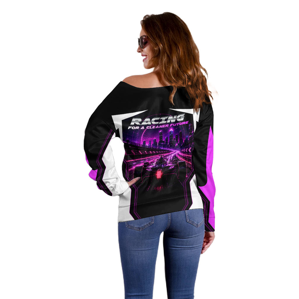Electric Motorsport Racing Off Shoulder Sweater Futuristic Neon Formula Race Car Skyline Art