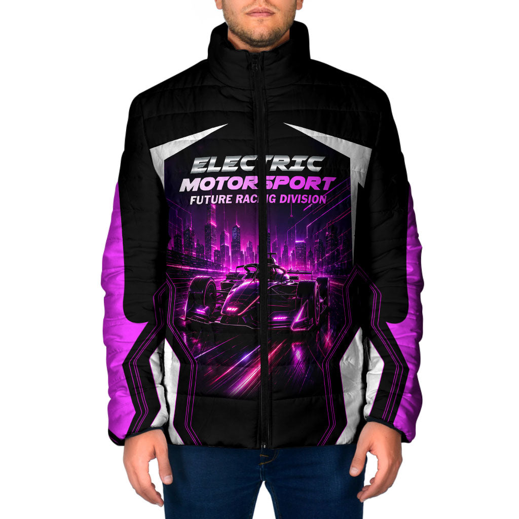 Electric Motorsport Racing Padded Jacket Futuristic Neon Formula Race Car Skyline Art