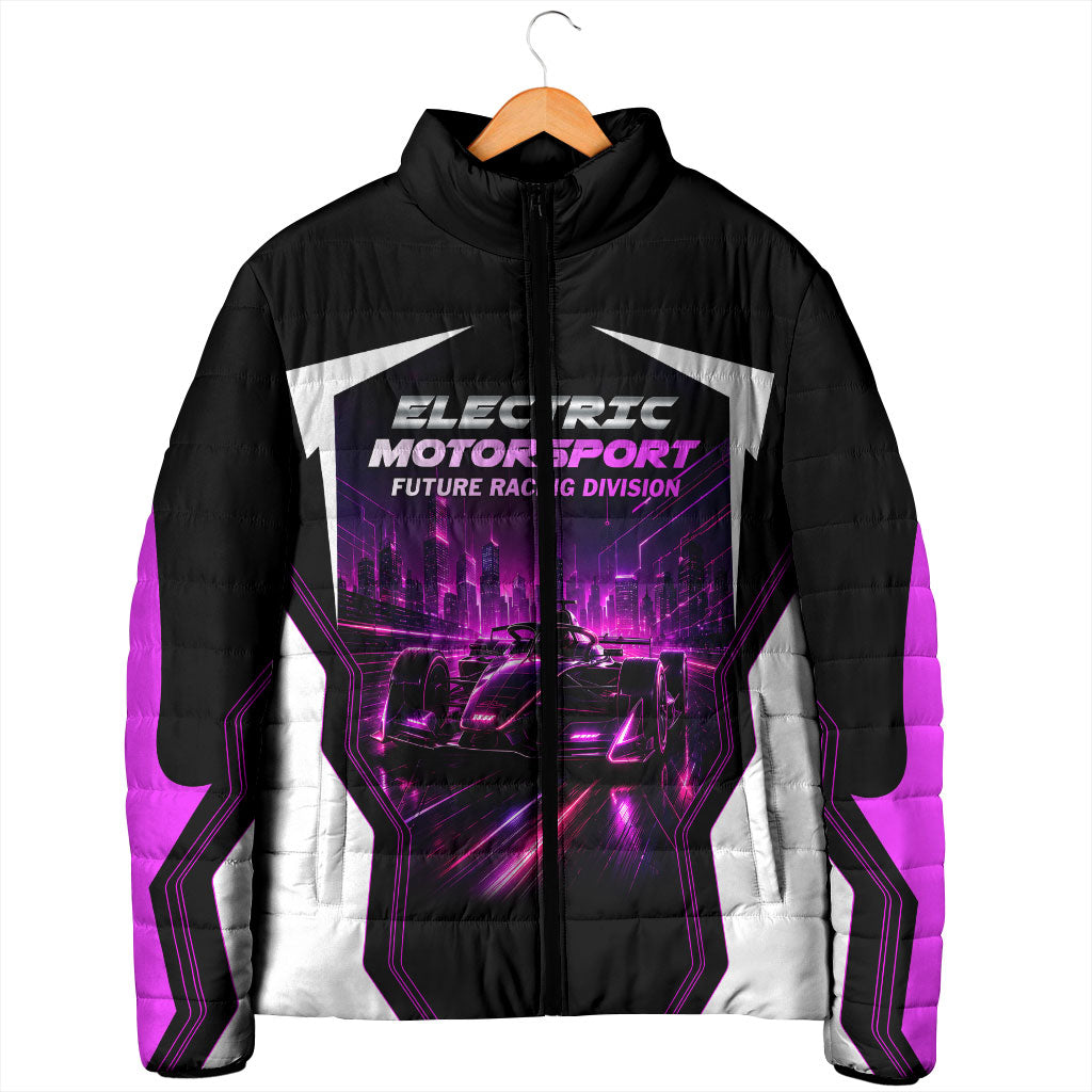 Electric Motorsport Racing Padded Jacket Futuristic Neon Formula Race Car Skyline Art