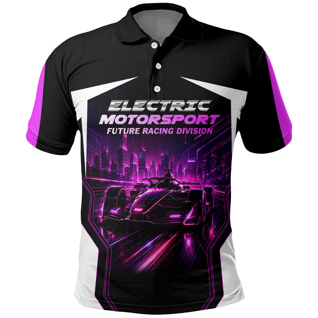 Electric Motorsport Racing Polo Shirt Futuristic Neon Formula Race Car Skyline Art