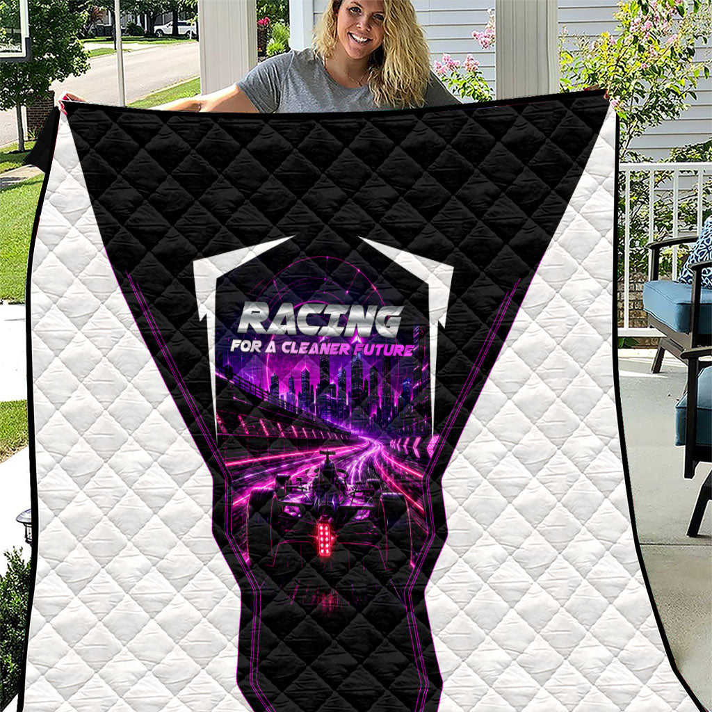 Electric Motorsport Racing Quilt Futuristic Neon Formula Race Car Skyline Art