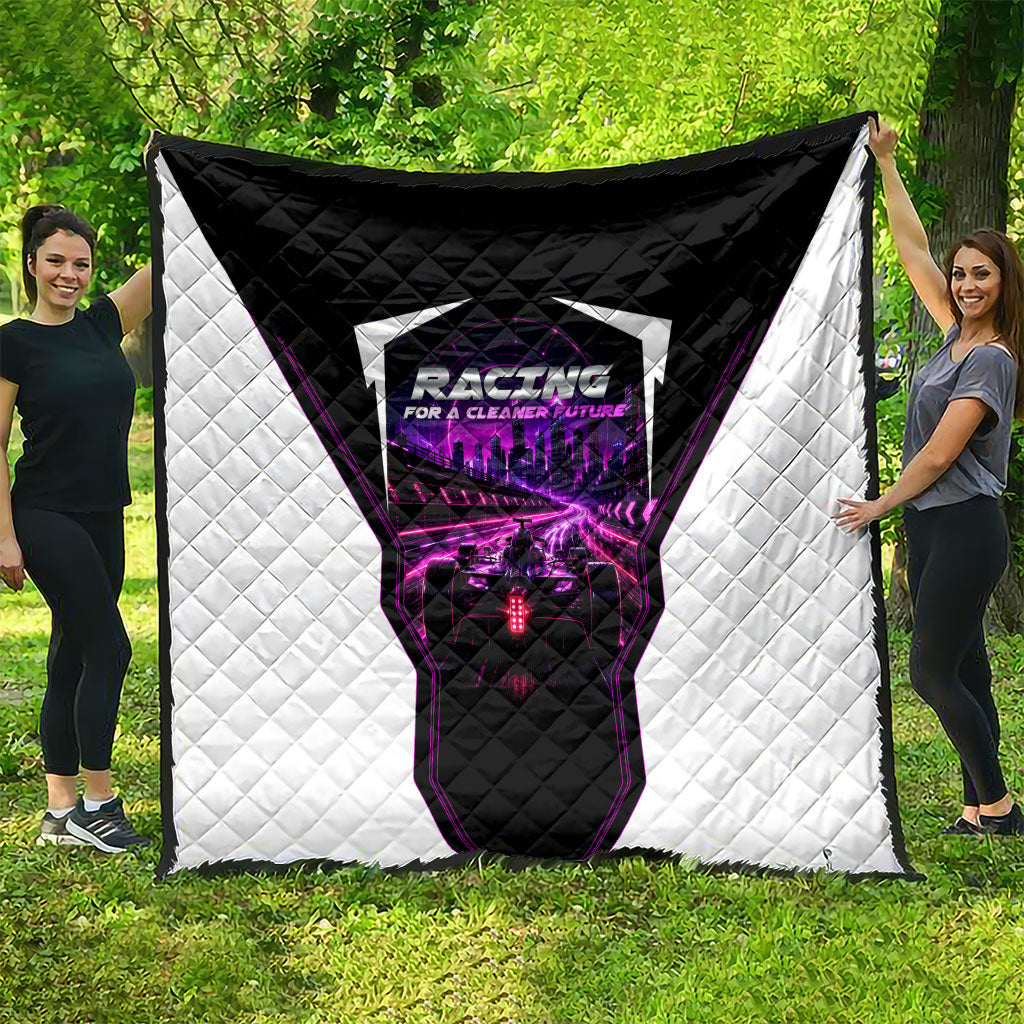 Electric Motorsport Racing Quilt Futuristic Neon Formula Race Car Skyline Art
