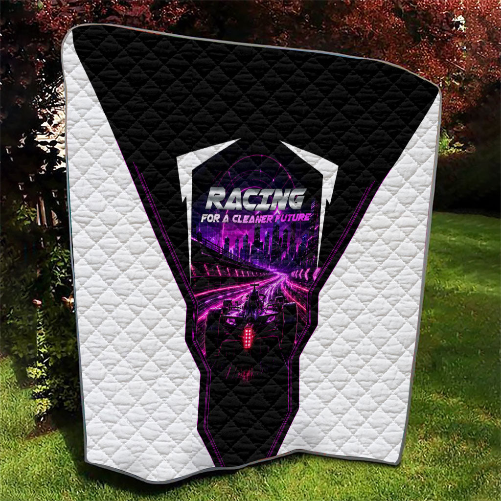 Electric Motorsport Racing Quilt Futuristic Neon Formula Race Car Skyline Art